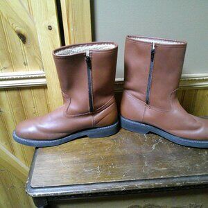 MENS FIN AND FEATHER WINTER LEATHER BOOTS BROWN 11 D SHERPA WOOL LINED ZIP SIDE